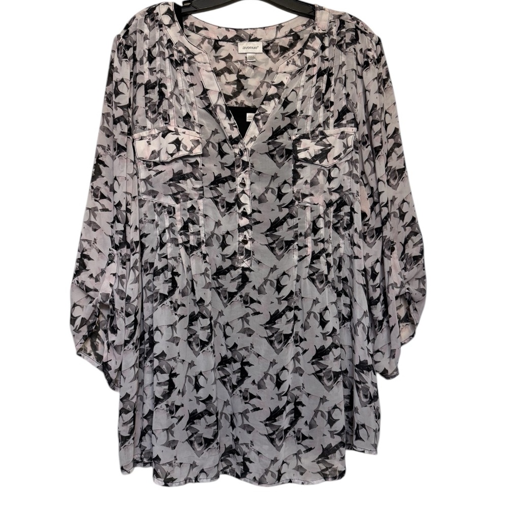 Avenue Black and Pink Graphic Blouse with Mandarin Collar